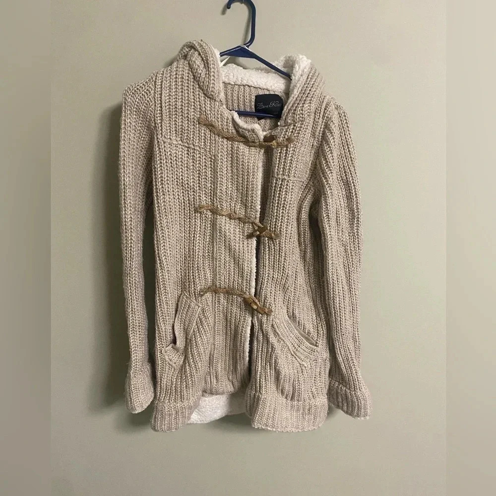 Zara Size Small Knit Fleece Hooded Long Sweater Jacket Wool Toggle Closure